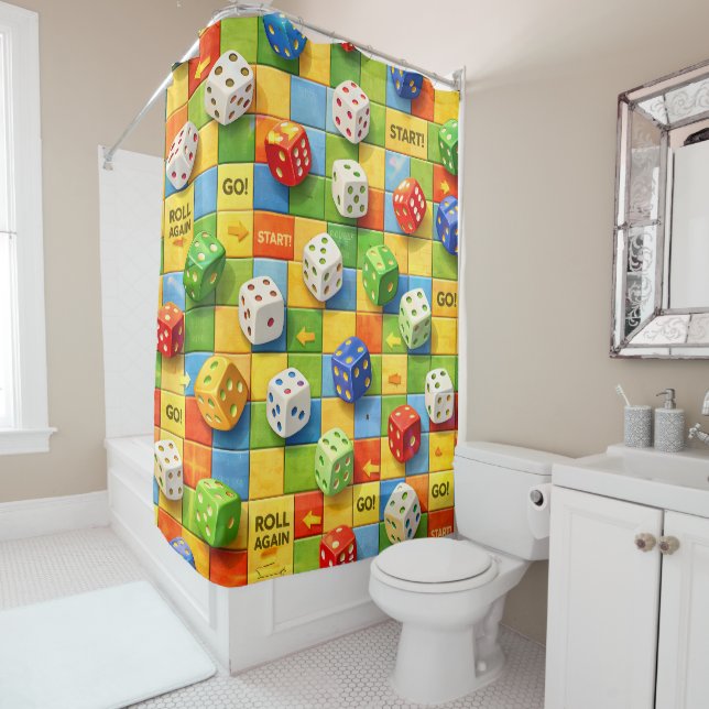 Shower curtain, colorful board game dice pattern  curtain (In Situ)