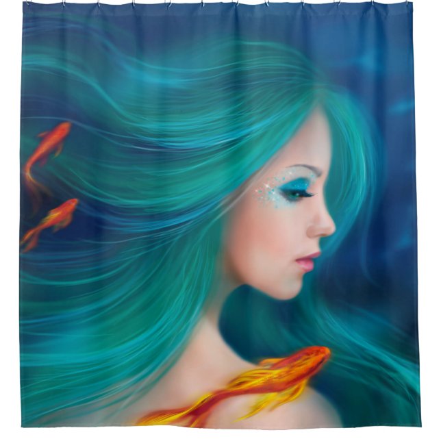 Shower Curtain fantasy sea mermaid with red fishes (Front)