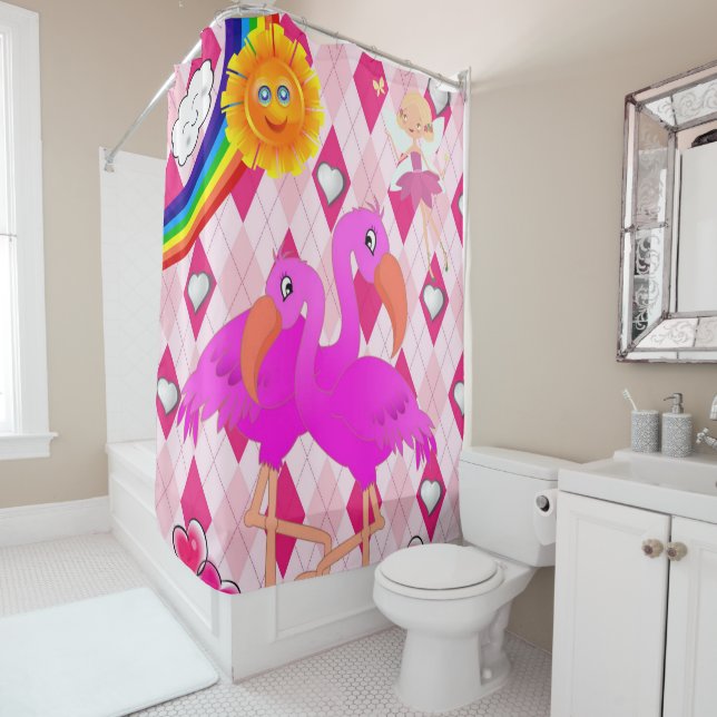 Shower Curtain Flamingo Fairy Sun Rainbow (In Situ)