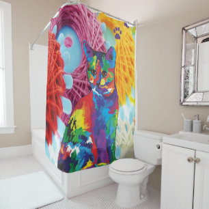 Shower Curtain Floral Kitten Cat