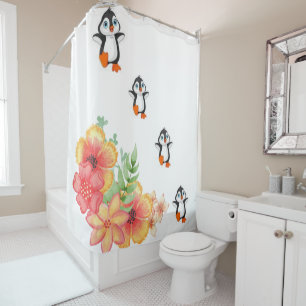 Shower Curtain Floral Penguin White