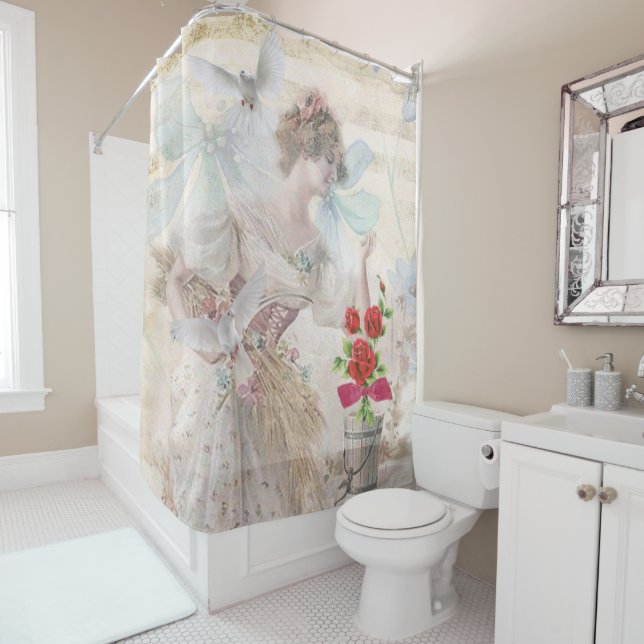 Shower Curtain Floral Victorian White Doves (In Situ)
