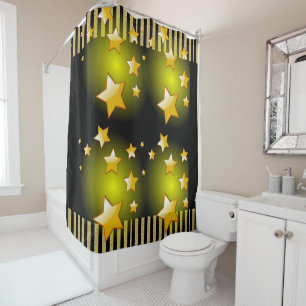 Shower Curtain Gold and Black Stars Stripe