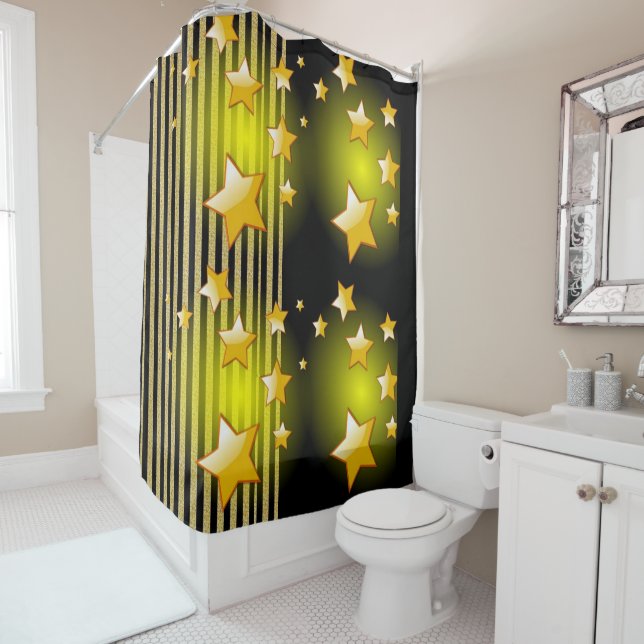 Shower Curtain Gold and Black Stars Stripe (In Situ)