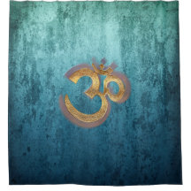 Shower Curtain gold blue damask yoga symbol om