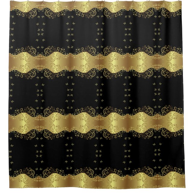 Shower Curtain--Gold Swirls & Black Curtain (Front)
