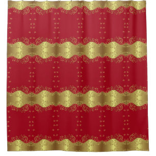 Shower Curtain--Gold Swirls & Red Curtain