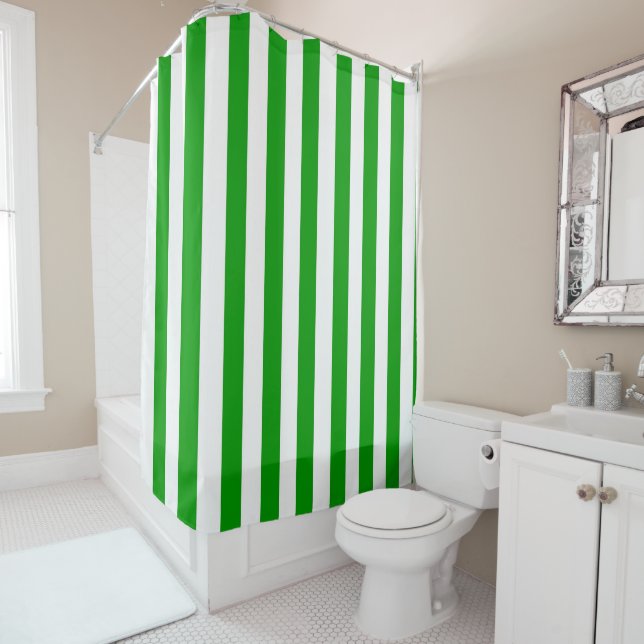 Shower Curtain Green and White Stripe (In Situ)