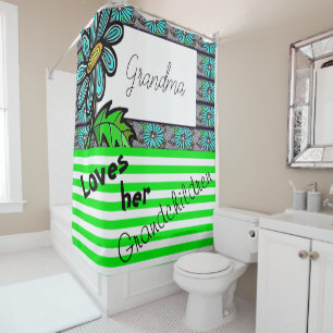 Shower Curtain Green and White Stripe Floral