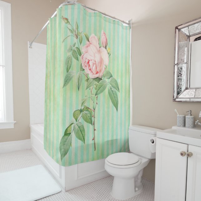 Shower Curtain Green & White Stripe Pink Rose (In Situ)