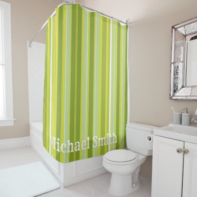 Shower Curtain Green White Yellow Stripe (In Situ)