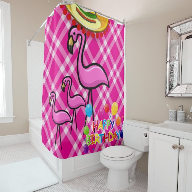 Shower Curtain Happy Birthday Flamingo (In Situ)