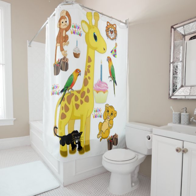 Shower Curtain Happy Birthday Giraffe (In Situ)