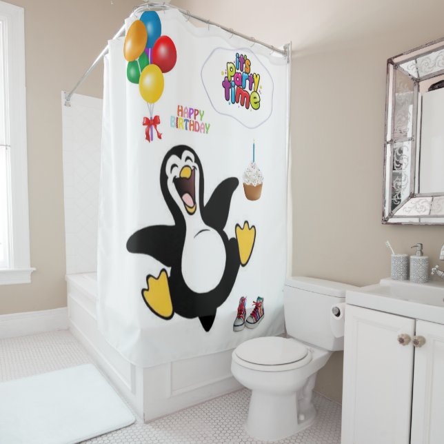 Shower Curtain Happy Birthday Penguin (In Situ)