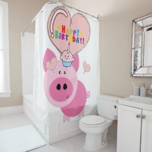 Shower Curtain happy Birthday Pink Pig