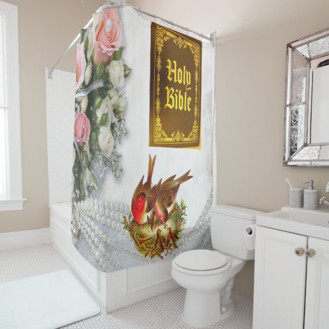 Shower Curtain Holy Bible Floral Birds (In Situ)