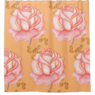 Shower Curtain Large Pink Roses Faux Gold Leaves