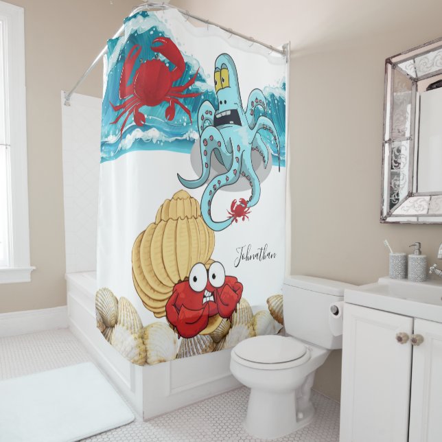 Shower Curtain Ocean Waves Crab Shells Octopus (In Situ)