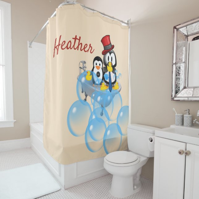Shower Curtain Penguin Bubbles  (In Situ)