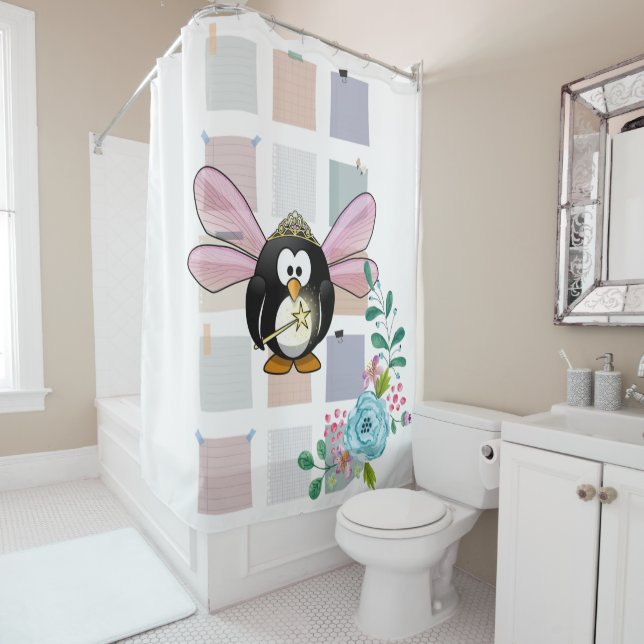 Shower Curtain Penguin Fairy Floral (In Situ)