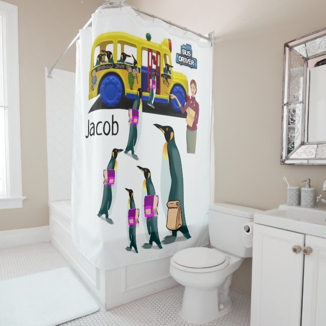 Shower Curtain Penguin School Bus (In Situ)