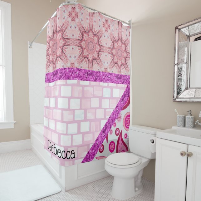 Shower Curtain Pink Brick Purple Glitter (In Situ)