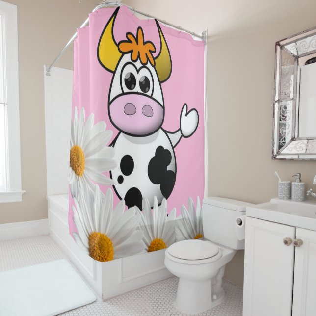 Shower Curtain Pink Cow White Daisy (In Situ)