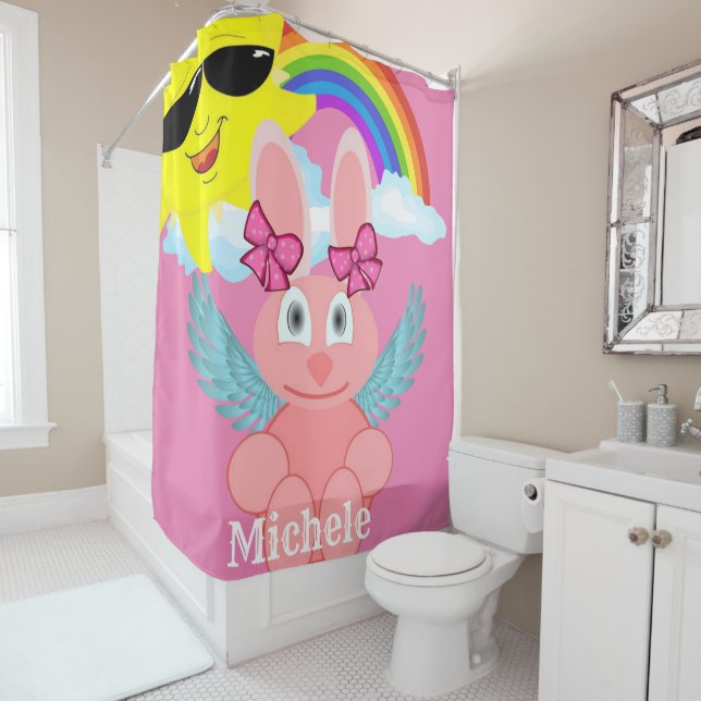 Shower Curtain Pink Rabbit Rainbow Sun (In Situ)