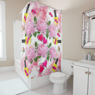 Shower Curtain Pink Roses Yellow Nail Polish Heart