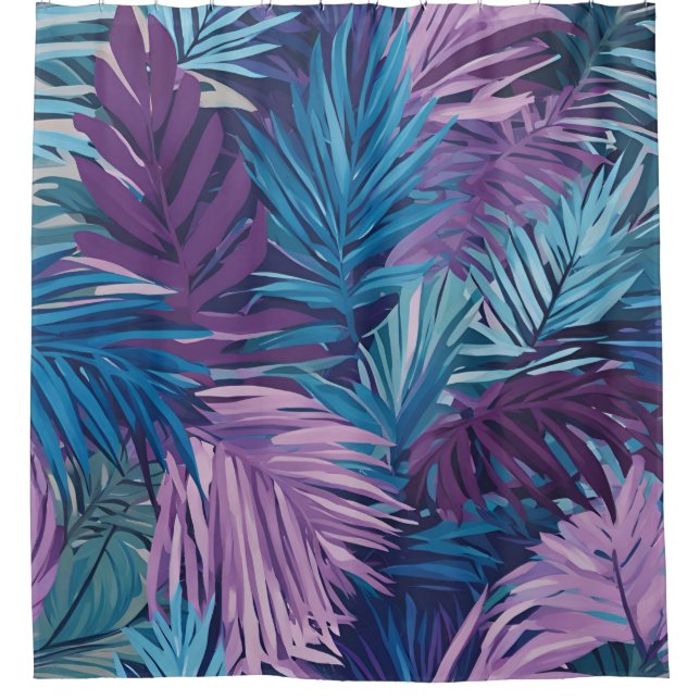 Shower Curtain Purple And Blue Palm Leaf Tropical  (Front)