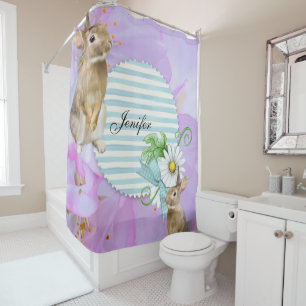 Shower Curtain Rabbit Floral Stripe