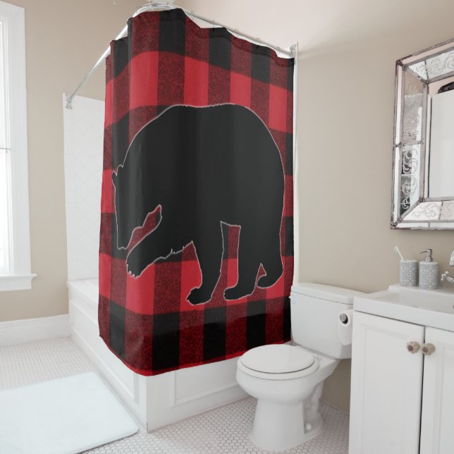 Shower Curtain Red Buffalo Plaid Bear Black (In Situ)