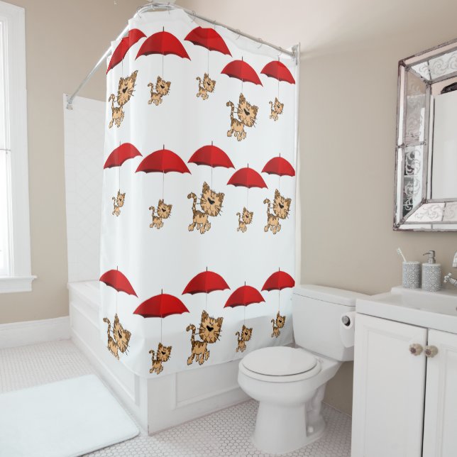 Shower Curtain Red Umbrella Cats (In Situ)