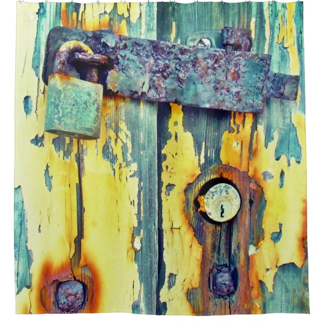 Shower curtain Rusty aqua painted barn door lock (Front)