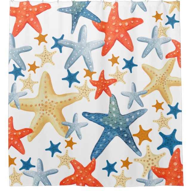 Shower Curtain Starfish Seashell Pattern Beachy (Front)