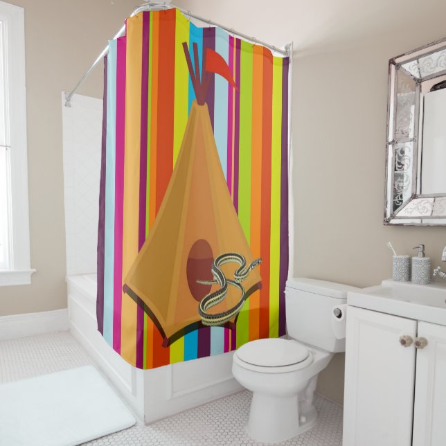 Shower Curtain Stripe Colourful Camping Snake (In Situ)