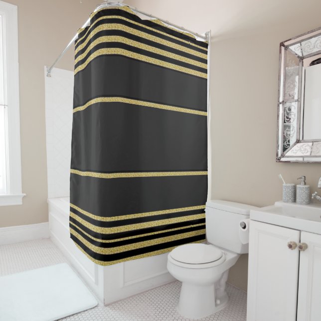Shower Curtain Stripe Gold & Black  (In Situ)
