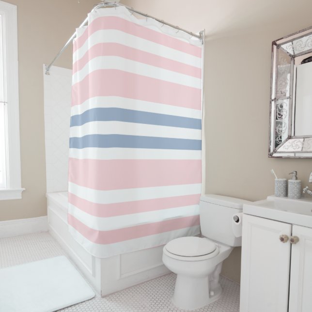 Shower Curtain Stripe Pink & White Blue (In Situ)