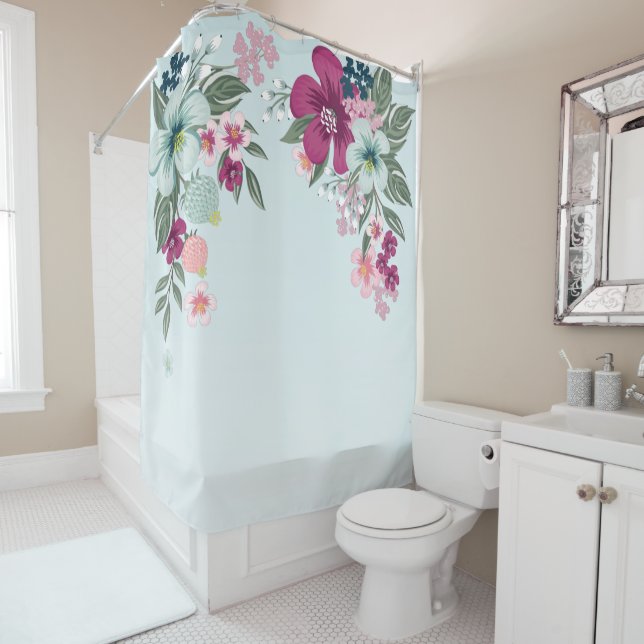Shower Curtain Tropical Flower on Blue Ombre (In Situ)