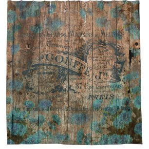 Shower Curtain Vintage typo brown turquoise french