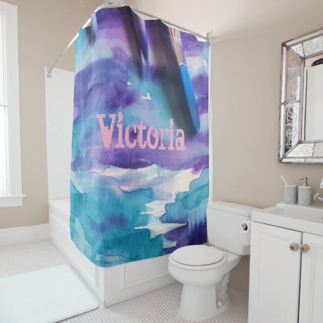 Shower Curtain Water Colours Blue (In Situ)