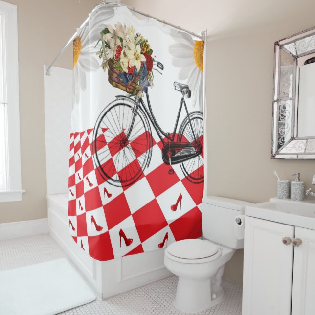 Shower Curtain White Daisy Red Chequered Heels (In Situ)