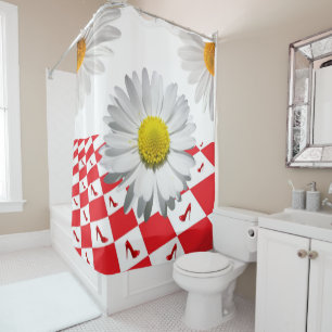 Shower Curtain White Daisy Red Chequered Heels