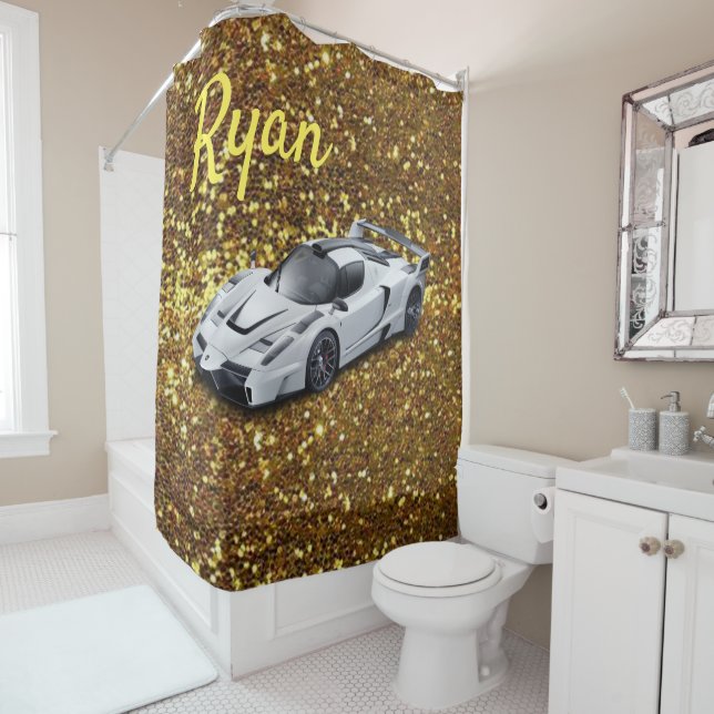 Shower Curtain White Racecar Gold (In Situ)