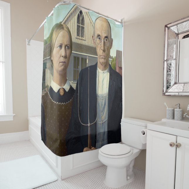 Shower Curtain with American Gothic Print (In Situ)