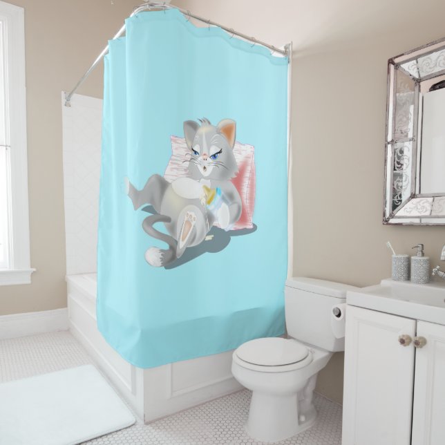 Shower Curtain with Baby Cat - Custom Colours (In Situ)