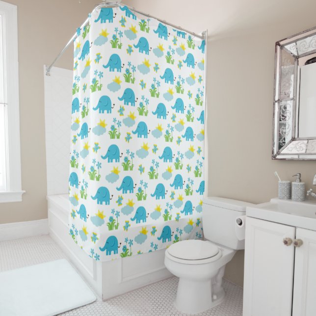 Shower Curtain with Elephants and Clouds - Playful (In Situ)