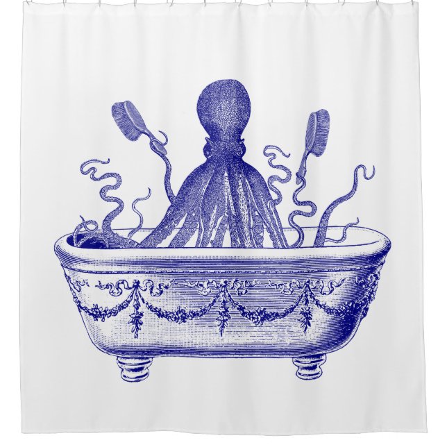 Shower curtain with navy vintage octopus in bath (Front)