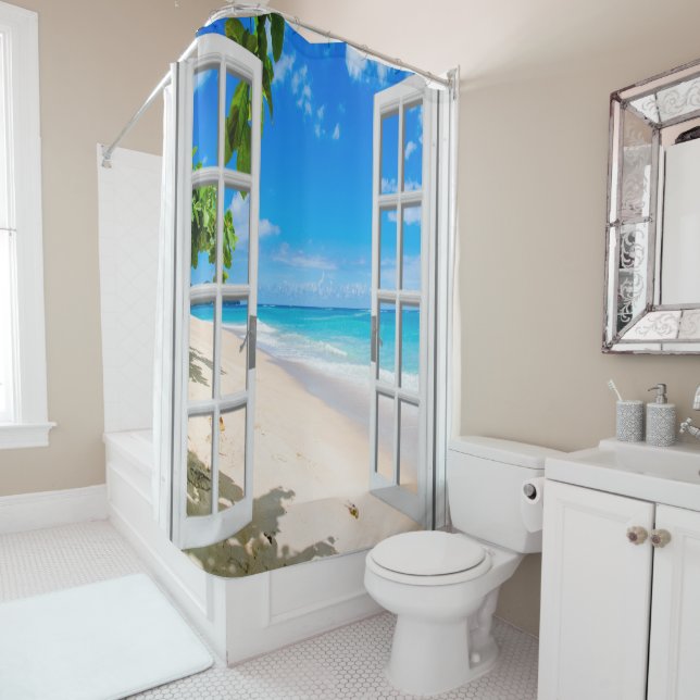 Shower Curtain With Window Beach Scene (In Situ)