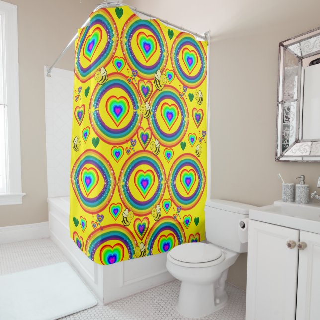 Shower Curtain Yellow Bumblebee Rainbows Hearts (In Situ)